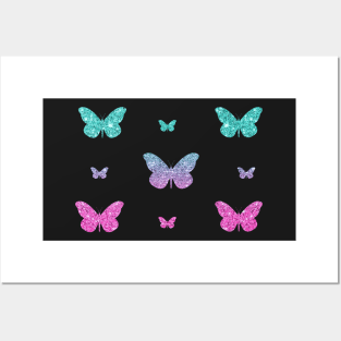 Bright Pink Teal Ombre Faux Glitter Butterflies Posters and Art